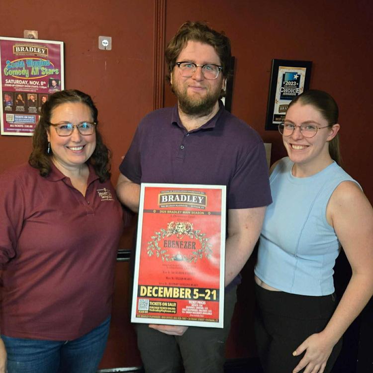 Pictured are three production team members of Ebenezer at Bradley Playhouse and ewett City Savings Bank Branch Manager and Co-Director Tonya Brock, holding the production's flyer.